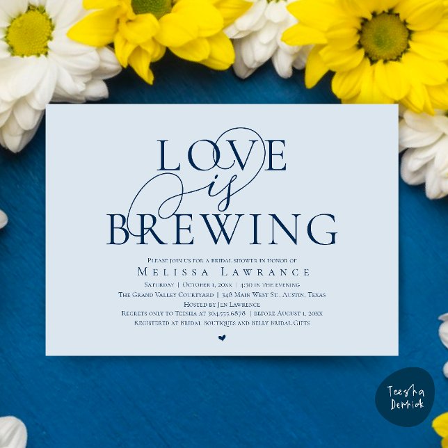 Love Is Brewing Elegant Script Bridal Shower Invitation (Love Is Brewing Elegant Script Bridal Shower Invitation Card Beer Wine Bar in Misty Navy Blue)