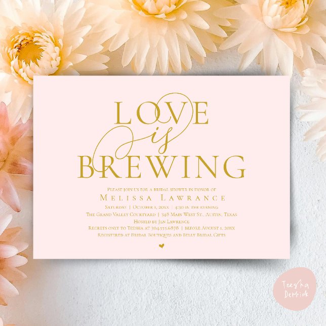Love Is Brewing Elegant Script Bridal Shower Invitation (Love Is Brewing Elegant Script Bridal Shower Invitation Card Beer Wine Bar in Gold Blush)