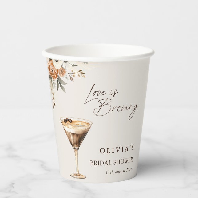 Love is Brewing Espresso Martini Bridal Shower Paper Cups (Front)