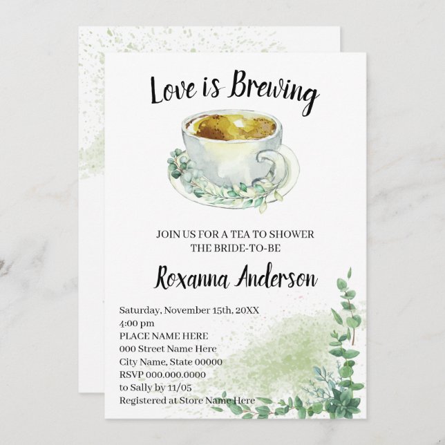 Love is Brewing Eucalyptus Tea Bridal Shower  Invitation (Front/Back)