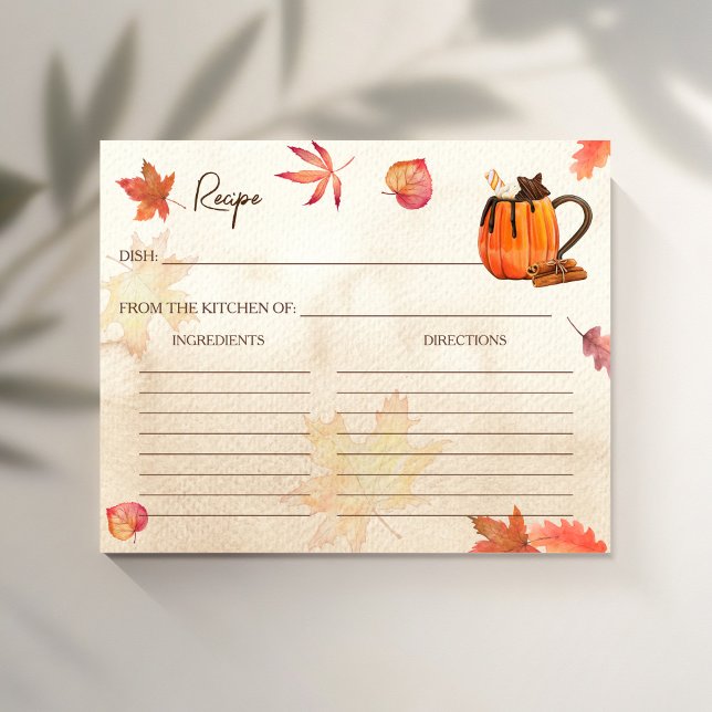 Love is brewing fall bridal shower recipe card (Love is brewing fall bridal shower recipe cards pumpkin maple leaves hot chocolate)