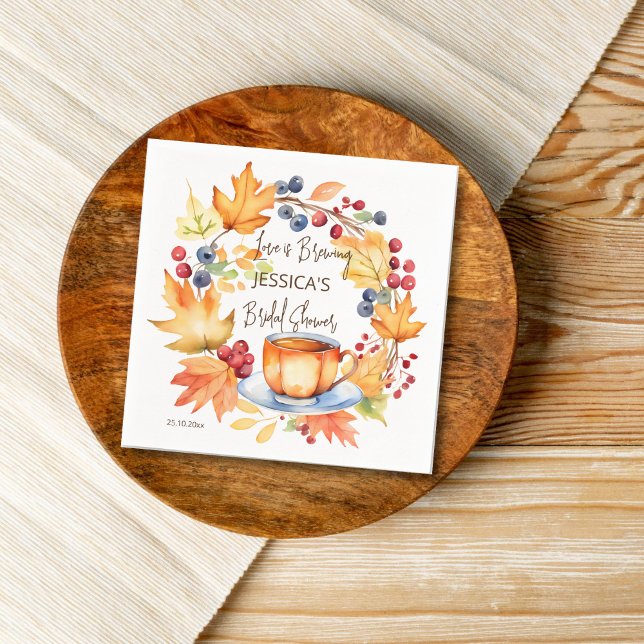 Love is brewing fall bridal shower tableware napkin (Love is brewing fall themed tea party bridal shower tableware personalized napkins pumpkin tea cup)
