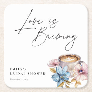 Love is Brewing Floral Bridal Shower Square Paper Coaster