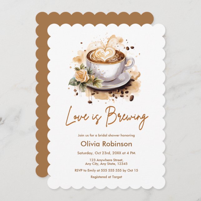 Love is Brewing Floral Brown Coffee Bridal Shower Invitation (Front/Back)