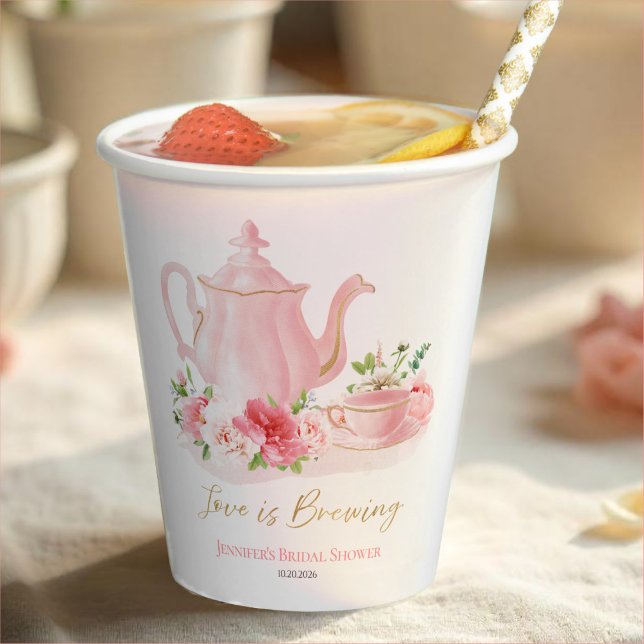 Love is Brewing | Gilded Pink Bridal Shower  Paper Cups (Creator Uploaded)