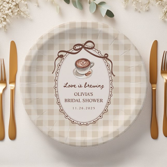 Love is Brewing Gingham Coffee Bridal Shower Paper Plate (Creator Uploaded)