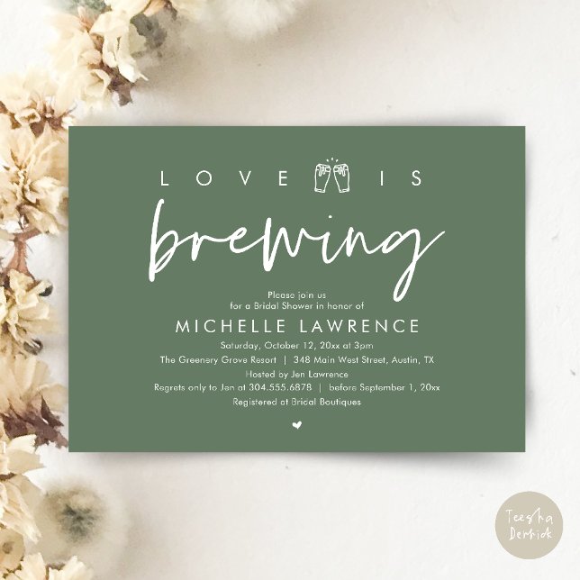 Love is brewing, Gorgeous Bridal Shower Beer Party Invitation (Love is brewing, Gorgeous Bridal Shower Beer Party modern Invitation card pdf in forest sage green)