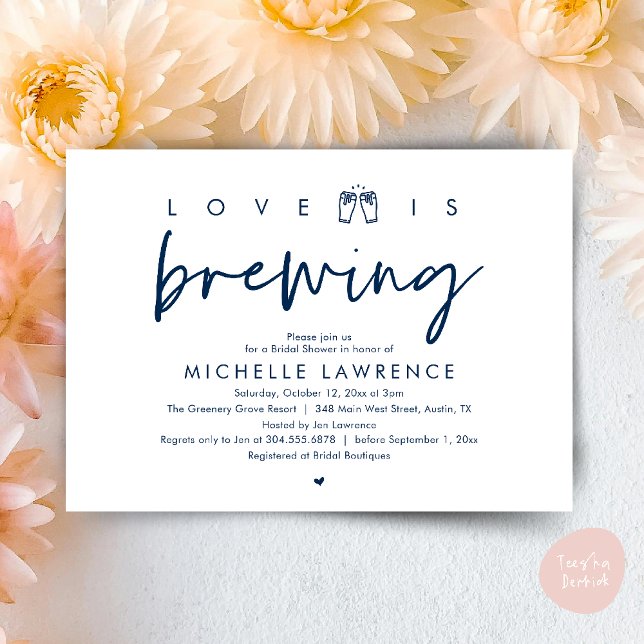 Love is brewing, Gorgeous Bridal Shower Beer Party Invitation (Love is brewing, Gorgeous Bridal Shower Beer Party modern Invitation card pdf in navy blue)