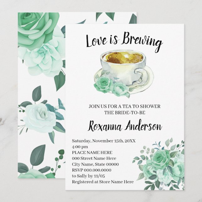 Love is Brewing Green Roses Tea Bridal Shower  Invitation (Front/Back)