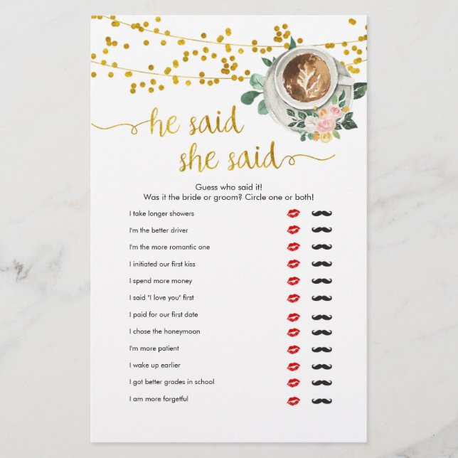 Love is Brewing Guess Who Said It Shower Games (Front)