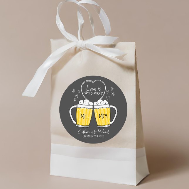 Love Is Brewing Hand Drawn Beer Glasses Wedding Classic Round Sticker (Creator Uploaded)