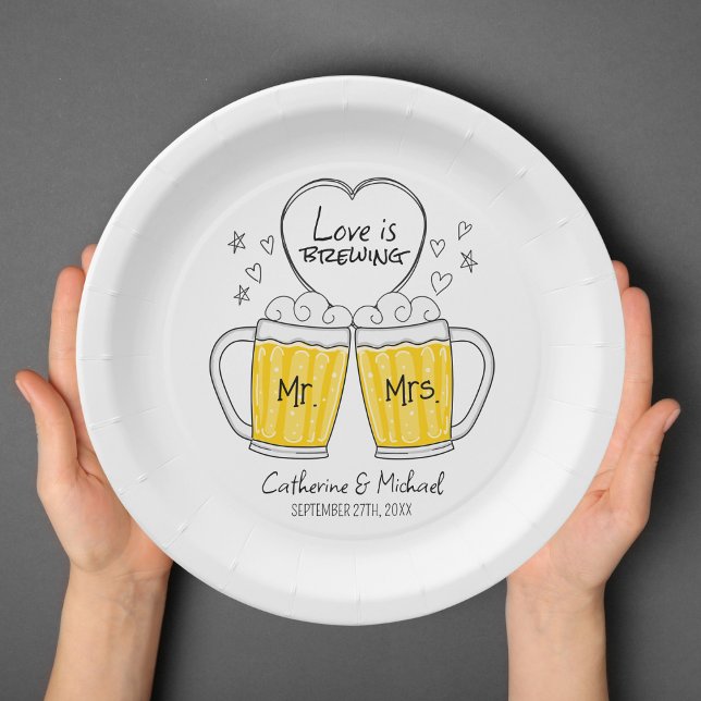 Love Is Brewing Hand Drawn Beer Glasses Wedding Paper Plate (Creator Uploaded)