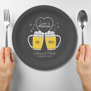 Love Is Brewing Hand Drawn Beer Glasses Wedding Paper Plate