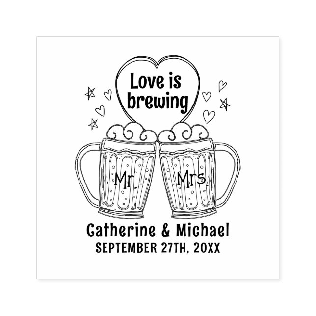 Love Is Brewing Hand Drawn Beer Glasses Wedding Rubber Stamp (Imprint)