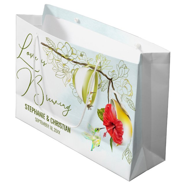Love Is Brewing Hummingbird Tea Party Large Gift Bag (Front Angled)
