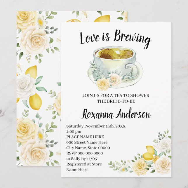 Love is Brewing Lemons & Roses Tea Bridal Shower Invitation (Front/Back)
