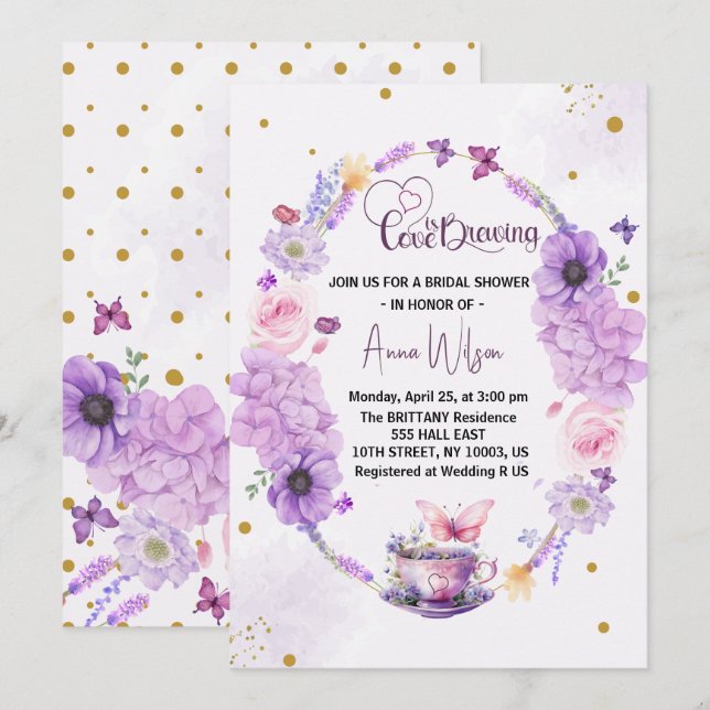 love is brewing lilac Heart Floral bridal shower  Invitation (Front/Back)