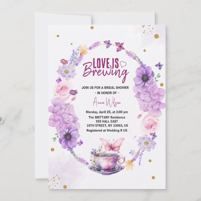 love is brewing lilac lavender bridal shower  invitation (Front)