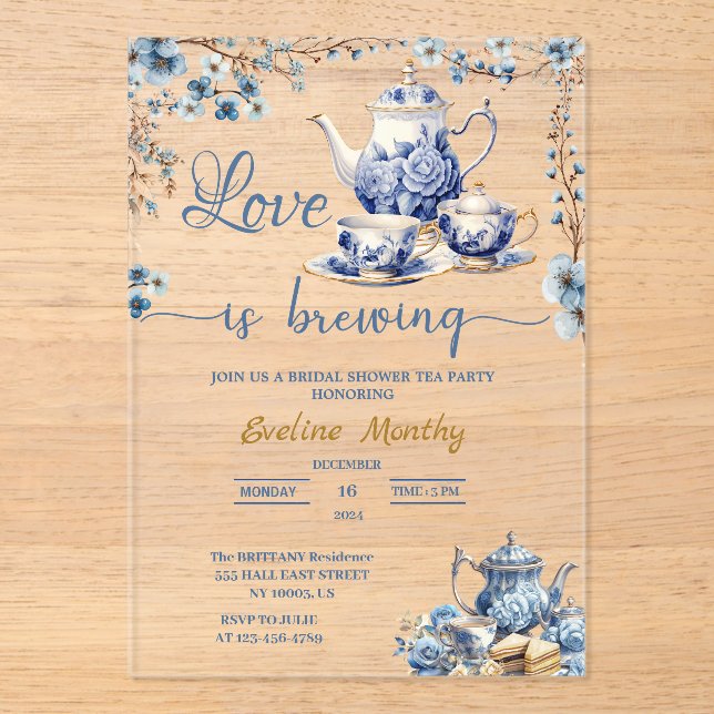 Love Is Brewing Party Delft Blue Floral Chinoiseri Acrylic Invitations (Front)