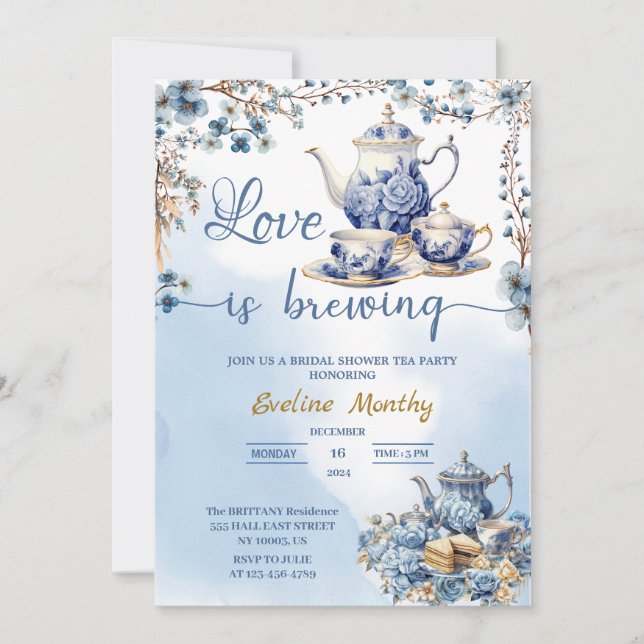 love is brewing party delft blue floral Chinoiseri Invitation (Front)