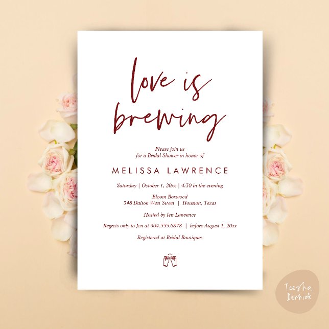 Love is brewing, Perfect Bridal Shower Beer Party Invitation (Love is brewing, Perfect Bridal Shower Beer Party Invitation Card PDF Burgundy Wine Red)