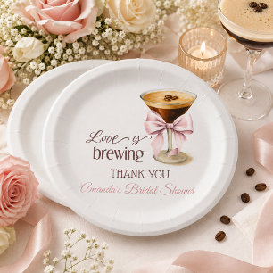 Love is Brewing Pink Bow Coffee Bridal Shower Paper Plate