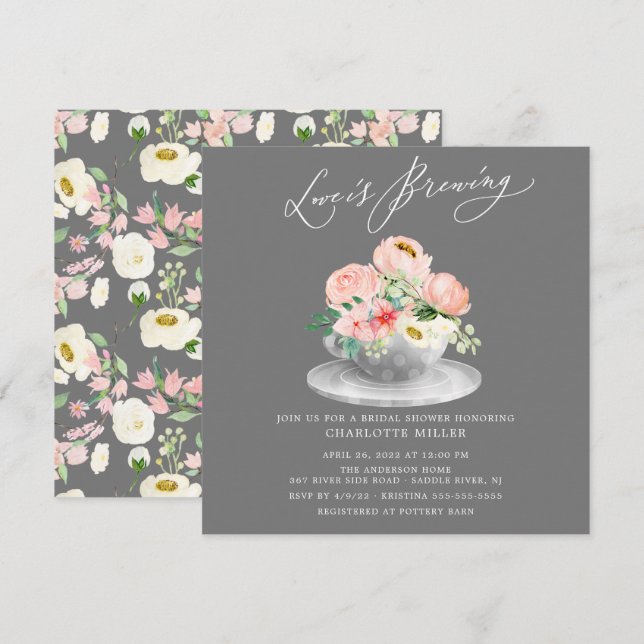 Love is Brewing Pink Floral Bridal Tea Shower Invi Invitation (Front/Back)