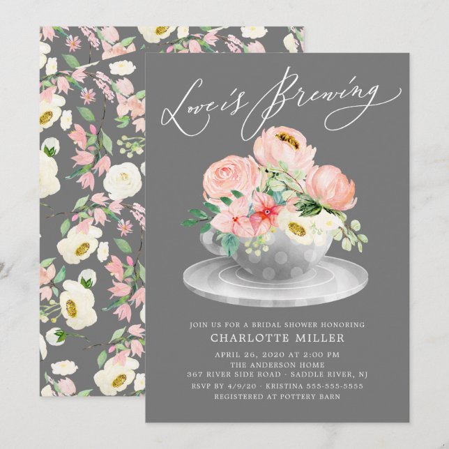 Love is Brewing Pink Floral Bridal Tea Shower Invitation (Front/Back)