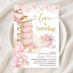 Love Is Brewing Pink Floral Tea Bridal Shower Invitation