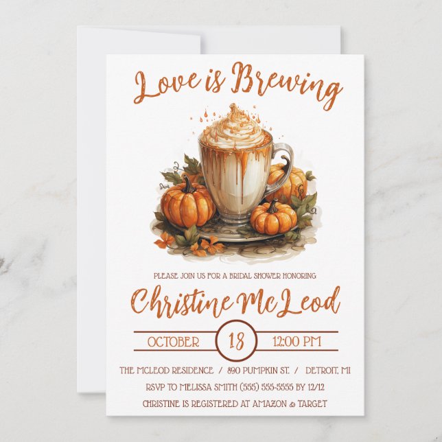 Love is Brewing, Pumpkin Spice Latte Bridal Shower Invitation (Front)