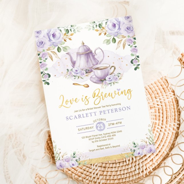 Love is Brewing Purple Flower Bridal Shower Tea Invitation (Creator Uploaded)