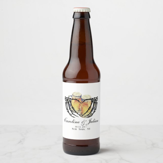 Love is Brewing Skeleton Hands Beer Wedding Shower Beer Bottle Label (Front)
