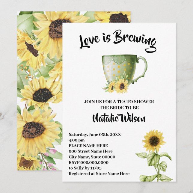 Love is Brewing Sunflowers Tea Bridal Shower Invit Invitation (Front/Back)