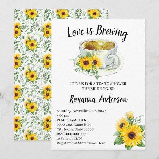 Love is Brewing Sunflowers Tea Bridal Shower Invitation (Front/Back)