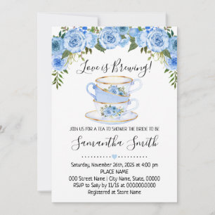 Love is brewing tea bridal shower blue invitation