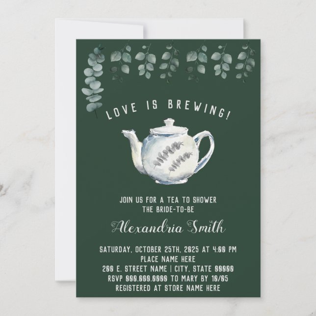 Love is Brewing Tea Bridal Shower Eucalyptus Invitation (Front)
