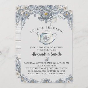 Love is Brewing Tea Bridal Shower Grey Floral Invitation