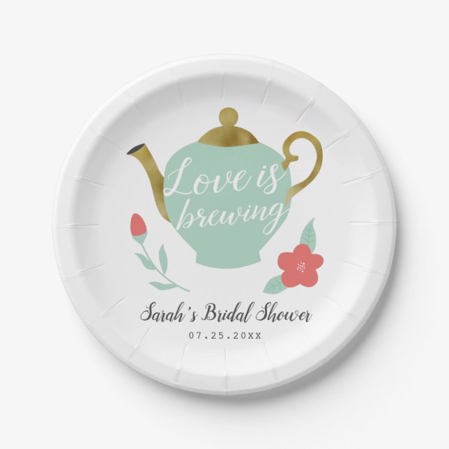 Love is Brewing Tea Party Bridal Shower Paper Plate (Front)