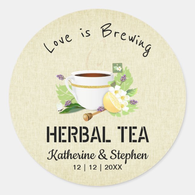 Love Is Brewing Tea Wedding Favour Classic Round Sticker (Front)