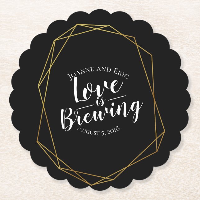 love is brewing wedding pub custom coaster gold (Front)