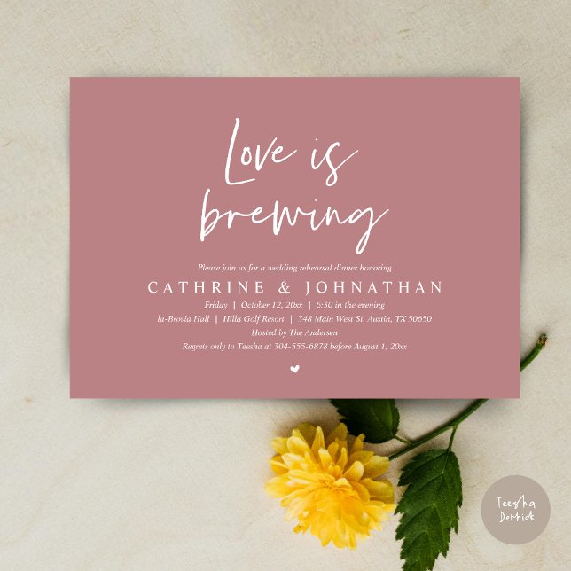Love is brewing, Wedding Rehearsal Dinner Invitati Invitation (Love is Brewing, Wedding Rehearsal Invitation Card, pdf, Beer Wine Party, in Dusty Rose Pink)