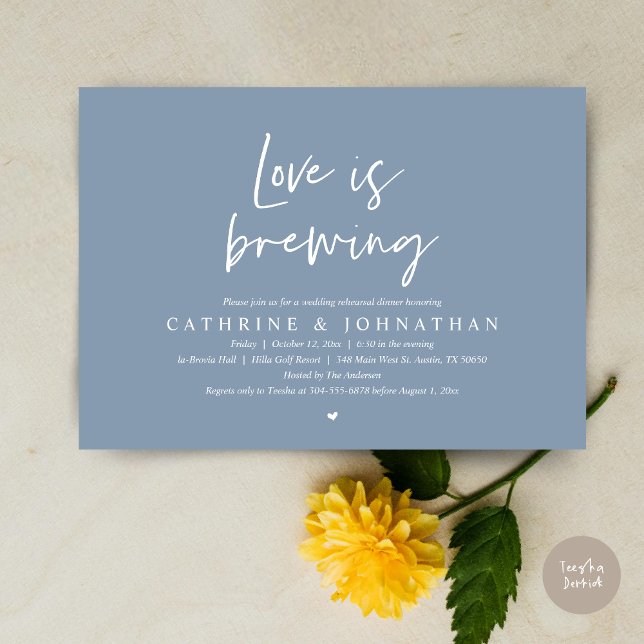 Love is brewing, Wedding Rehearsal Dinner Invitati Invitation (Love is Brewing, Wedding Rehearsal Invitation Card, pdf, Beer Wine Party, in Dusty Blue)