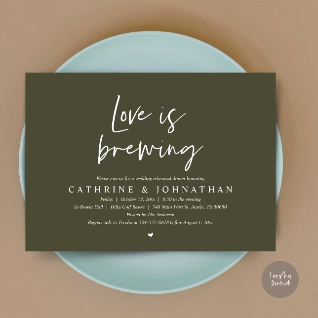 Love is brewing, Wedding Rehearsal Dinner Invitati Invitation (Love is Brewing, Wedding Rehearsal Invitation Card, pdf, Beer Wine Party, in Olive Green)