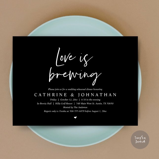 Love is brewing, Wedding Rehearsal Dinner Invitati Invitation (Love is Brewing, Wedding Rehearsal Invitation Card, pdf, Beer Wine Party, in Elegant Black)