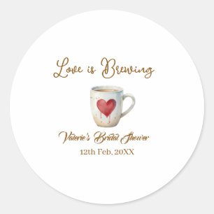 Love is Brewing white coffee mug heart bridal show Classic Round Sticker