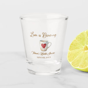 Love is Brewing white coffee mug heart bridal show Shot Glass