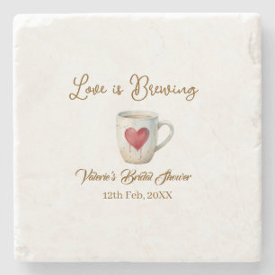 Love is Brewing white coffee mug heart bridal show Stone Coaster