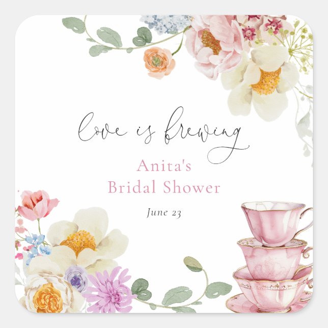 Love is Brewing Wildflower Tea Bridal Shower Square Sticker (Front)