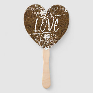 LOVE IS Brown Leather Typography Hand Fans