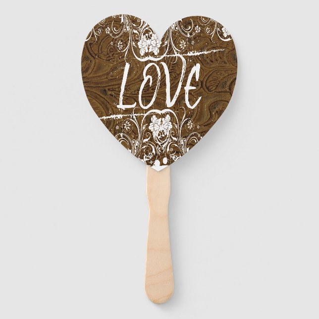 LOVE IS Brown Leather Typography Hand Fans (Front)